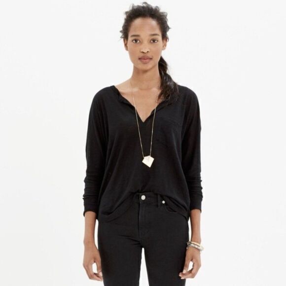 Madewell Black Linen Heathered Telegraph Tee Top‎ V Neck Womens Size S - Picture 1 of 6